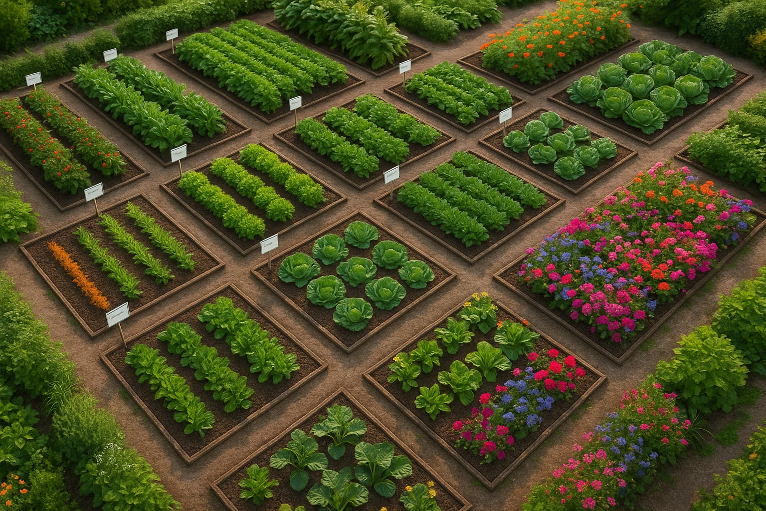 An aerial view of a community garden network, with individual plots connected by pathways filled with vibrant produce, each plot marked with small signs displaying data analytics, such as yield percentages and savings, and surrounded by lush greenery and colorful flowers.