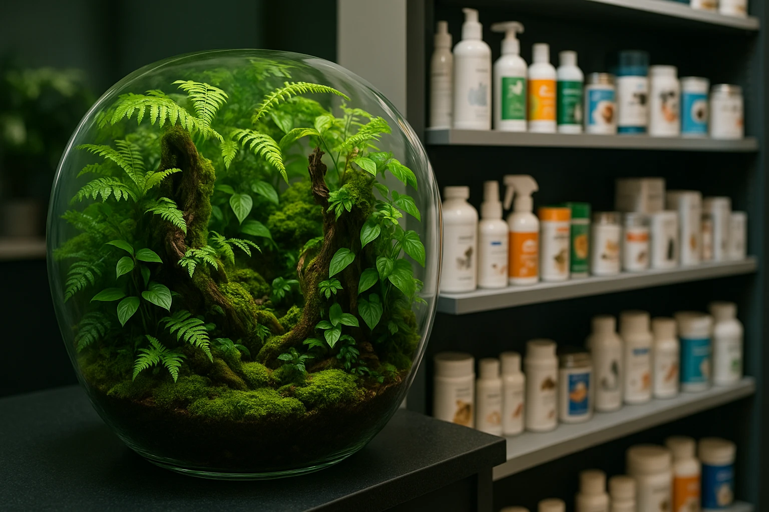 A lush, vibrant miniature rainforest terrarium sits beside a sleek, modern pet store shelf filled with assorted pet care products, illustrating the contrast between natural habitats and commercial retail solutions.