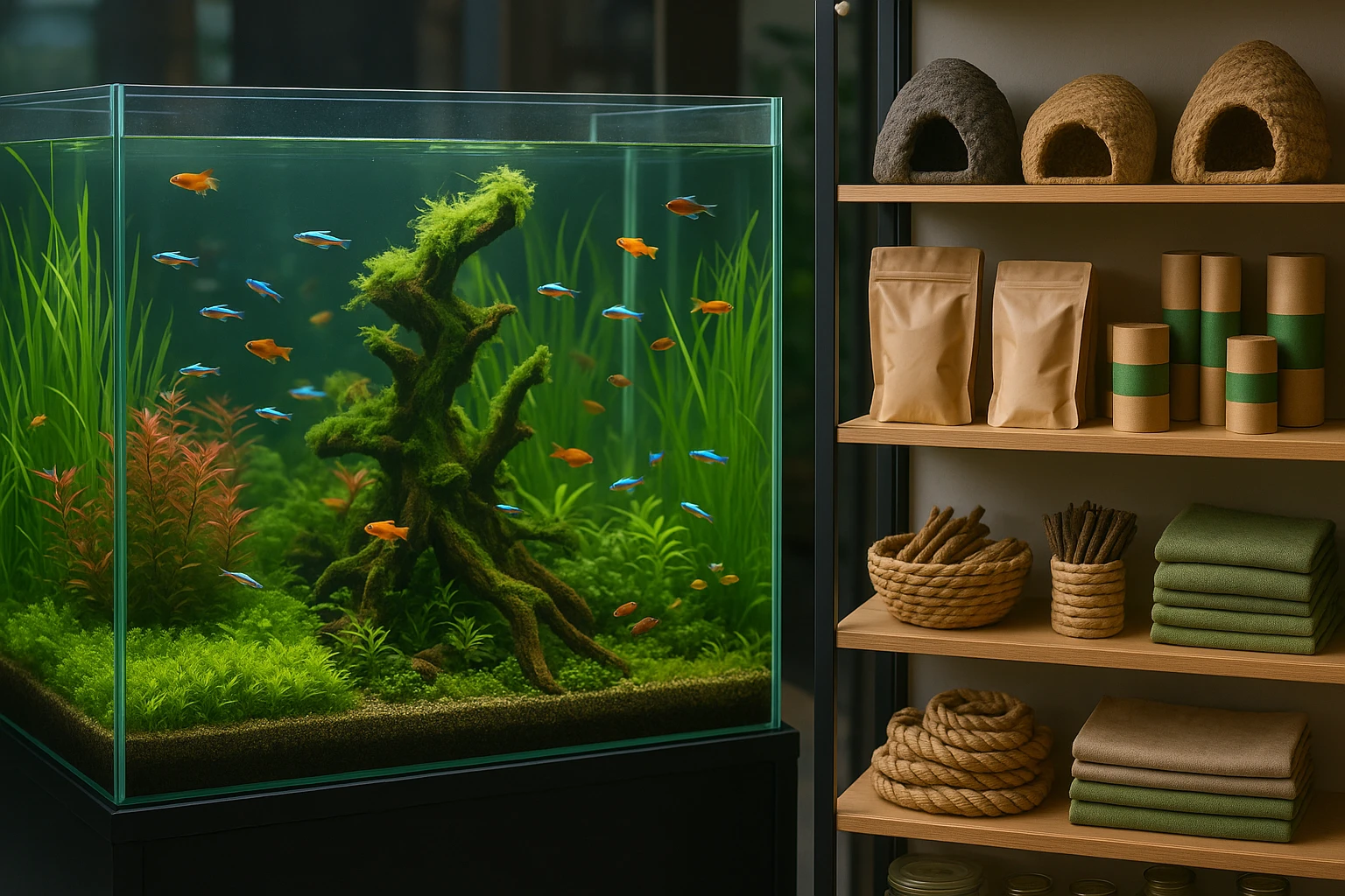 A large glass aquarium filled with freshwater plants and fish is placed next to a stand displaying eco-friendly pet products, highlighting the contrast between natural aquatic ecosystems and commercial retail solutions.