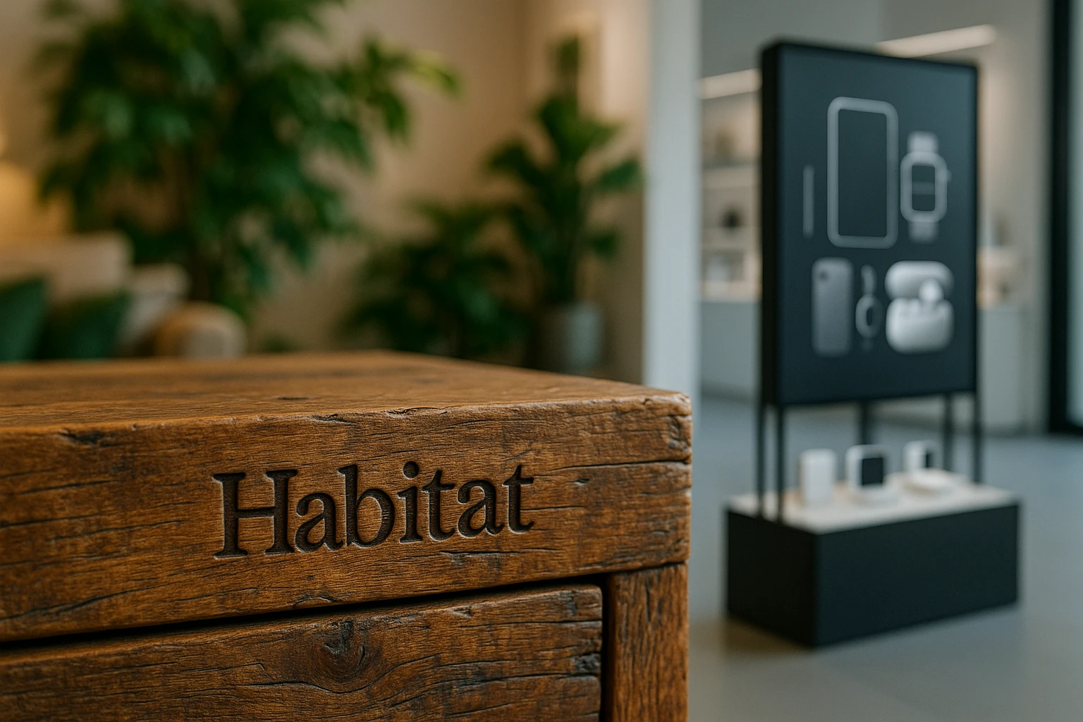 A close-up of a Habitat logo embossed on a stylish, rustic furniture piece made of reclaimed wood, displayed in a cozy living room setup with green plants, contrasting with a sleek, modern Stomart logo on a digital display stand showcasing a variety of tech gadgets in a minimalist retail space.