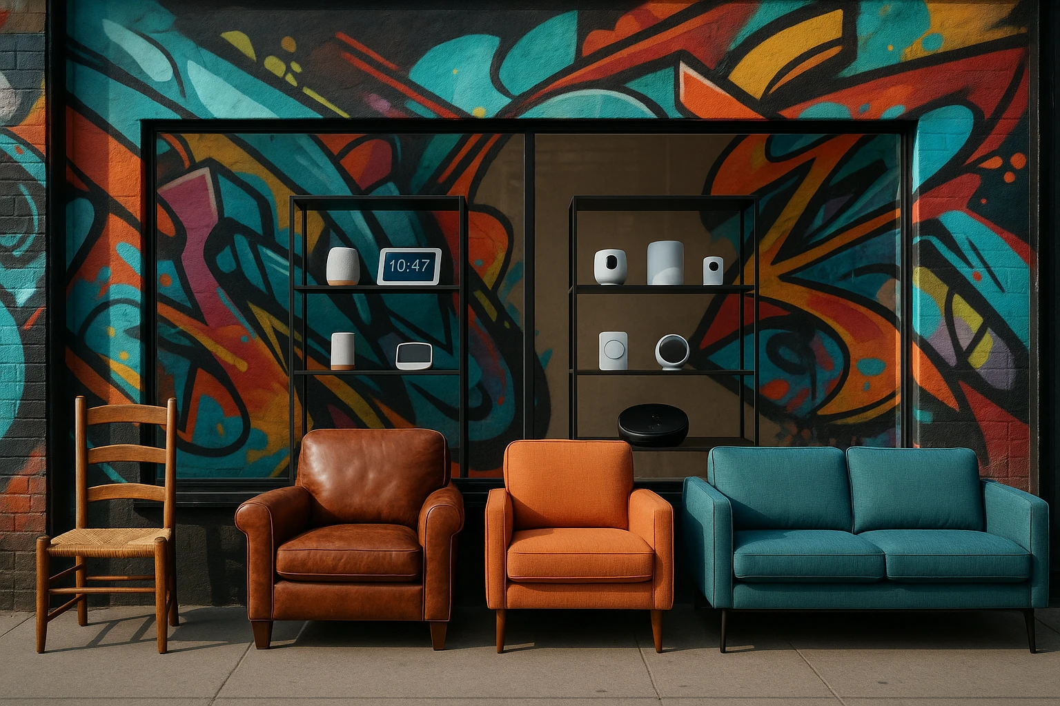 A colorful storefront display features a mix of Habitat's rustic chairs and sofas beside sleek, modern shelving units showcasing Stomart's cutting-edge smart home gadgets, set against a backdrop of urban graffiti art that highlights the merging of traditional and contemporary design elements.