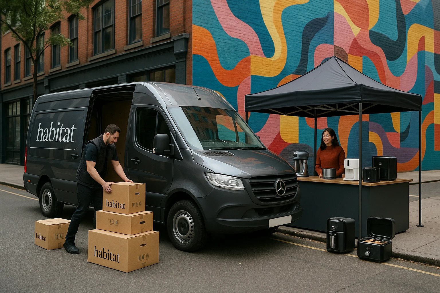 A bustling urban street scene features a Habitat delivery van unloading stylish homeware boxes next to an adjacent Stomart pop-up kiosk showcasing smart kitchen appliances, with colorful city murals providing a vibrant backdrop.