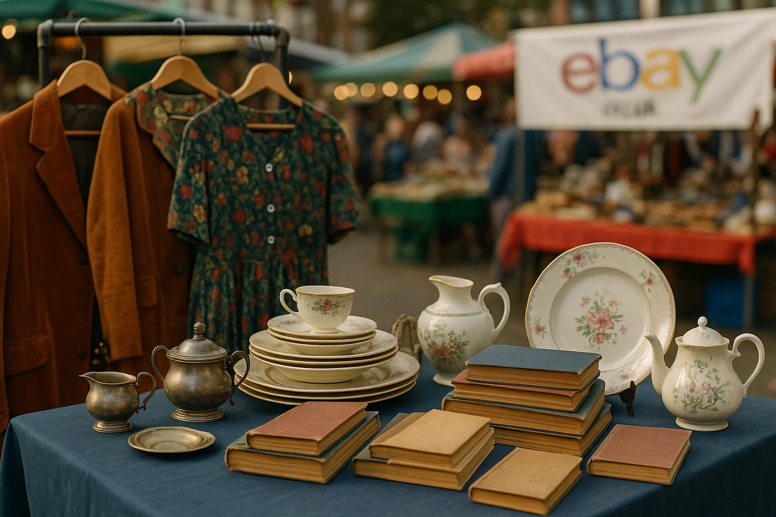 A table at a bustling outdoor market displays an array of second-hand items, including vintage clothing, antique dishes, and used books, with a small eBay.co.uk logo on a banner in the background.