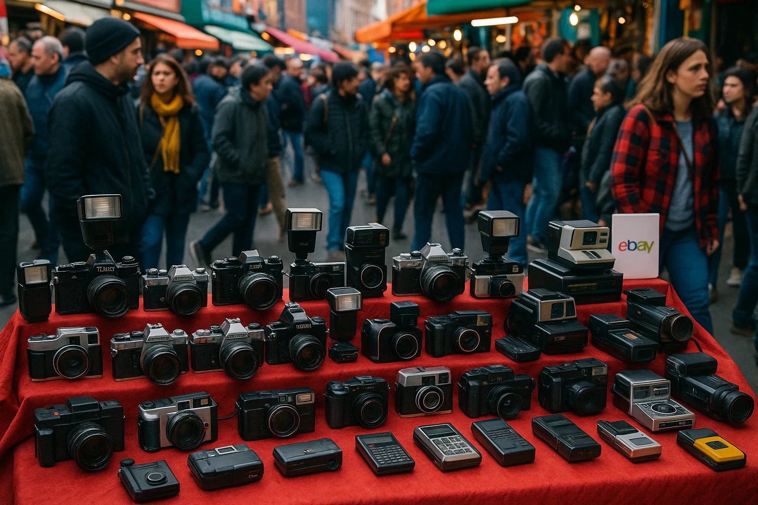 A colorful street market stall with an array of vintage cameras and electronics displayed prominently, surrounded by a lively crowd, with a small eBay.co.uk sign in the corner of the stall.
