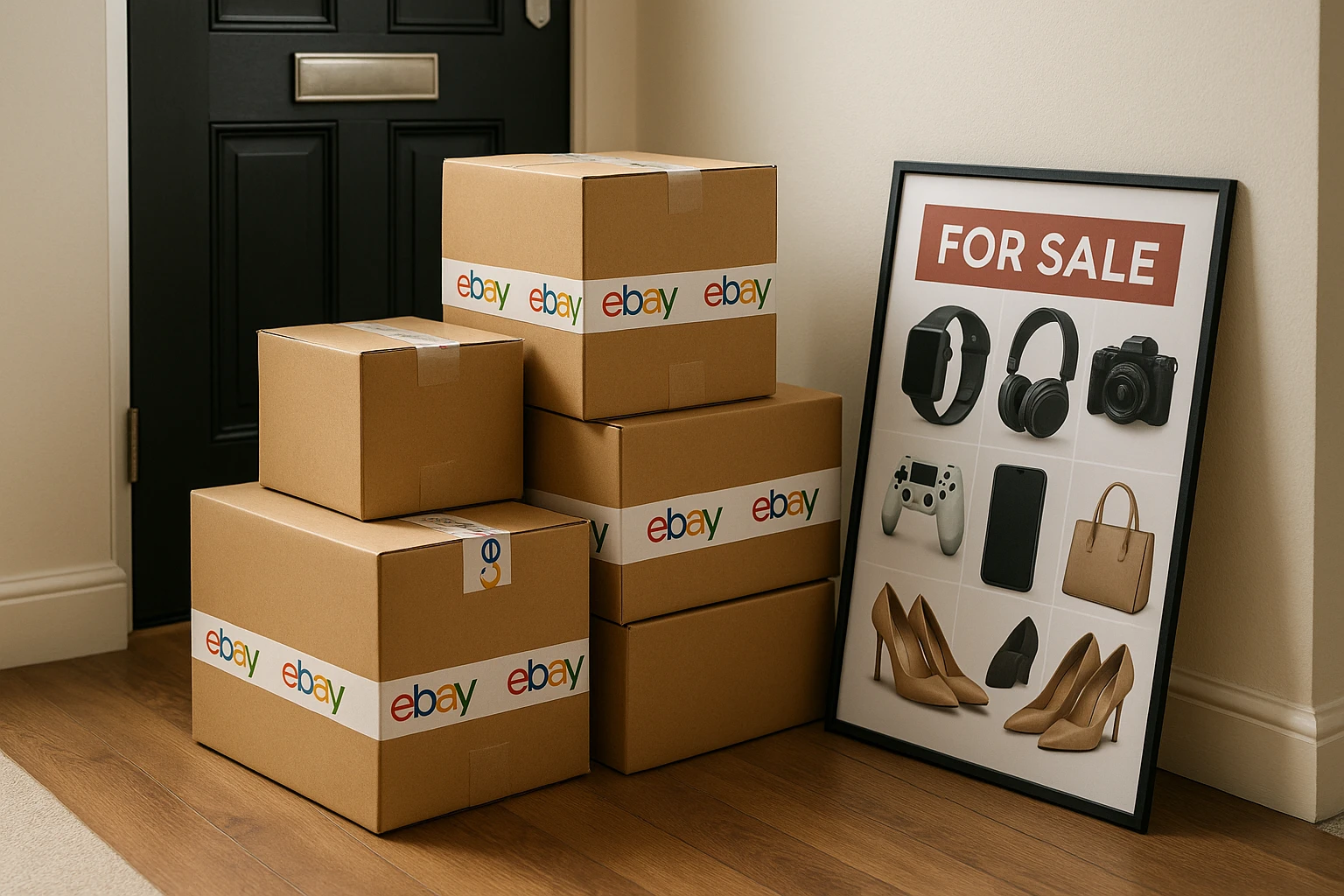 A stack of neatly packed cardboard boxes, some with eBay.co.uk tape, by a front door ready for shipment, with a
