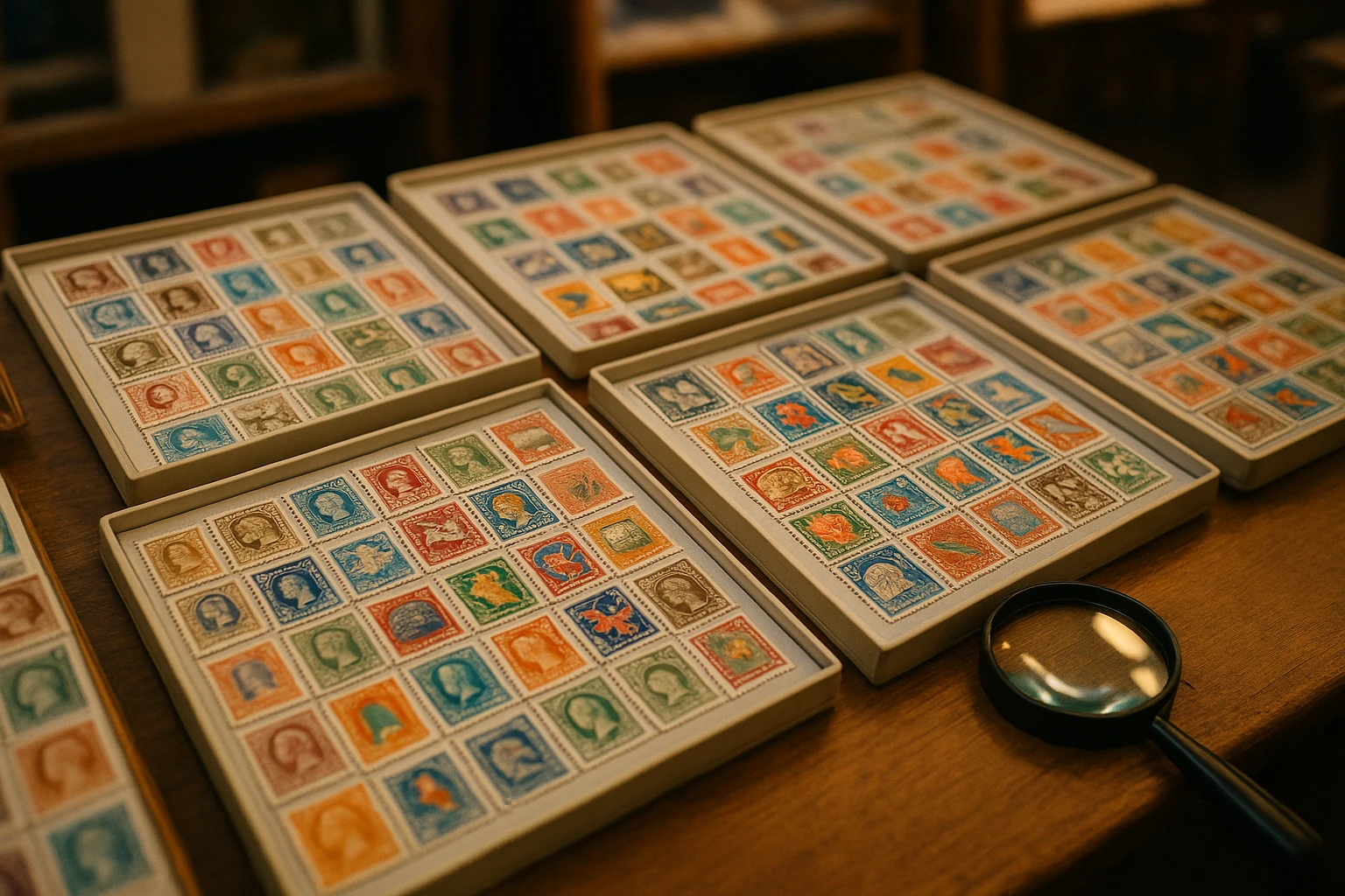 A well-organized display of collectible postage stamps, including rare editions and vibrant designs, laid out on a wooden table at a cozy indoor market, with an eBay.co.uk branded magnifying glass placed nearby for detailed inspection.