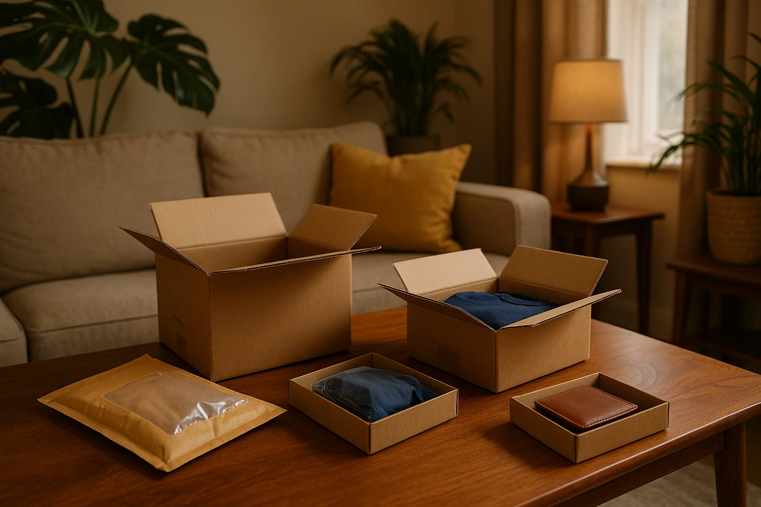 A cozy living room setting with a coffee table featuring a variety of open packages and delivery items, some with visible eBay.co.uk branding, surrounded by decorative plants and a warm, inviting ambiance.