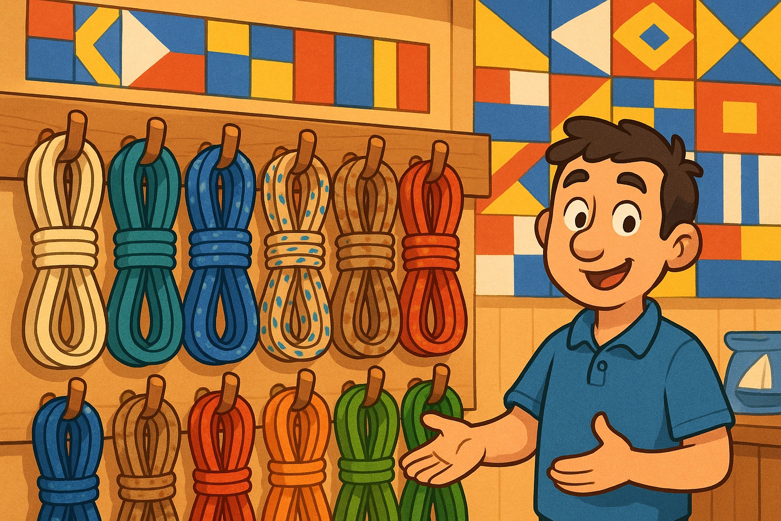 A well-organized display of high-quality sailing ropes, neatly coiled and hung on wooden pegs against a backdrop of nautical flags, showcasing the extensive product offerings of Vela Sailing Supply in a vibrant marine-themed store.