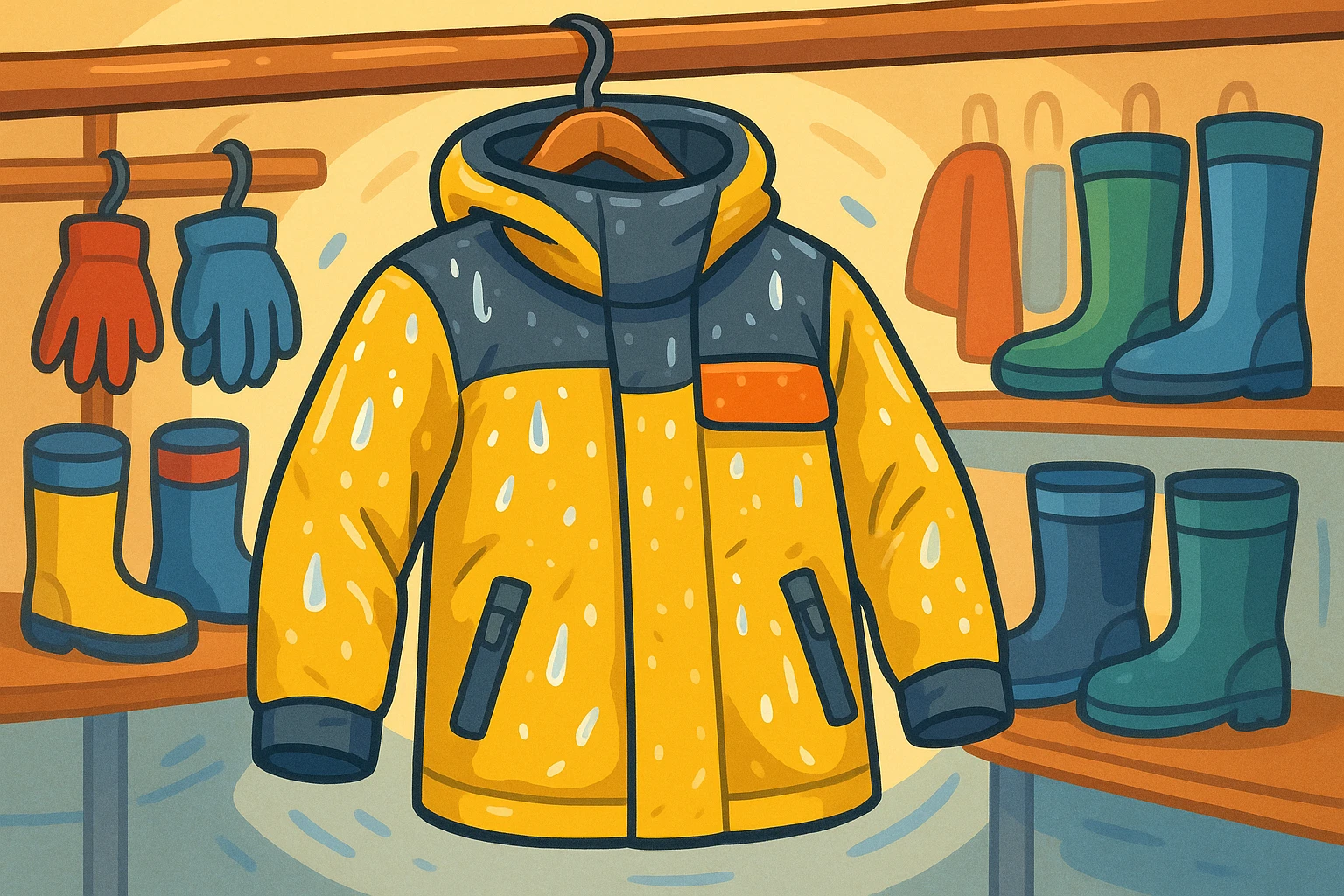 A close-up of a sturdy, weather-resistant sailing jacket hanging on a wooden rack, with its waterproof material glistening under soft store lighting, surrounded by a variety of colorful sailing gear like gloves and boots in the background, illustrating the high-quality offerings of Vela Sailing Supply.