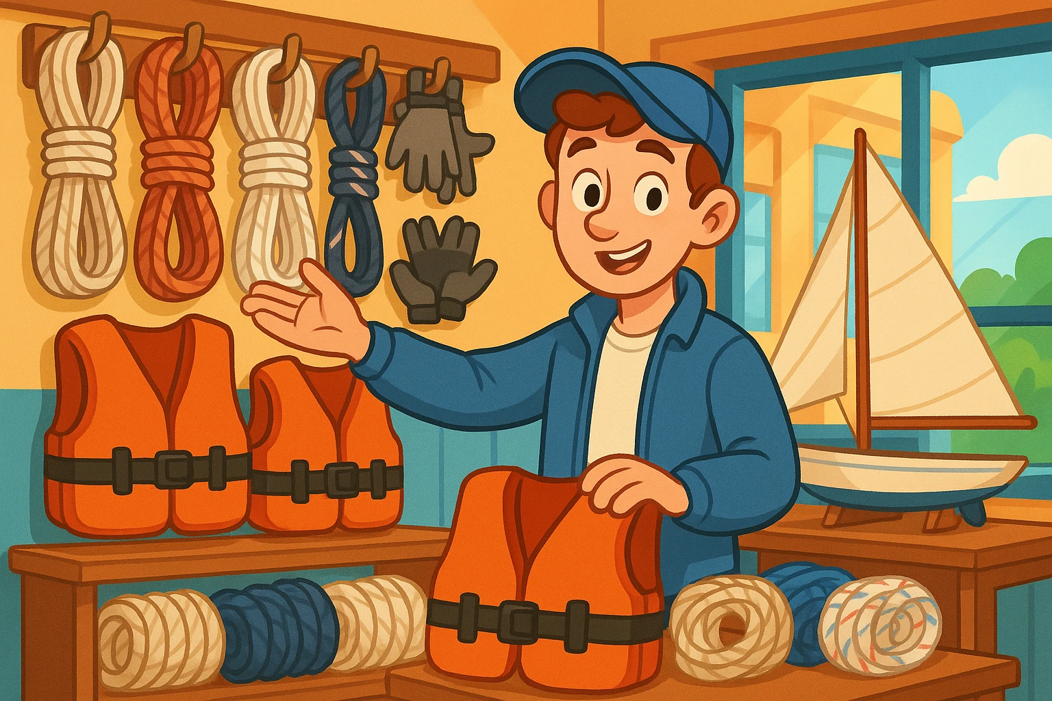 A well-organized display of various high-quality sailing gear such as ropes, life vests, and sailing gloves, set against a backdrop of a vibrant nautical-themed store interior with a model sailboat in the corner.