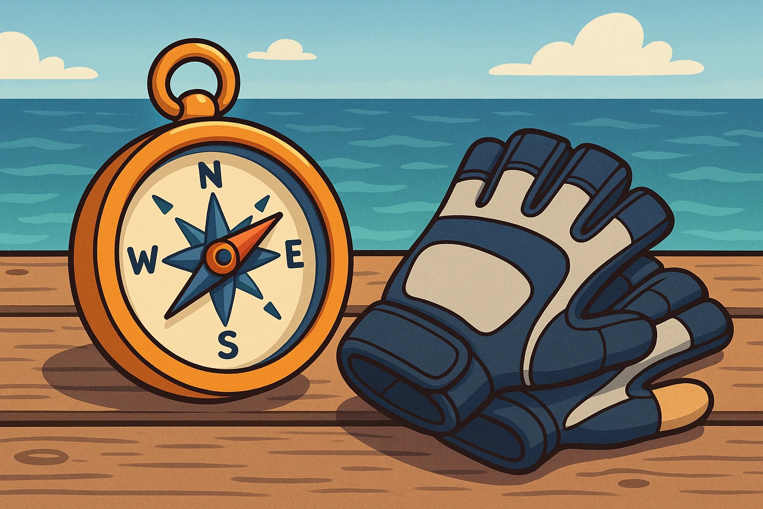 A close-up of a sleek, modern compass and a pair of premium sailing gloves resting on a weathered wooden dock with a blurred ocean backdrop, evoking a sense of quality and adventure found on Vela Sailing Supply's website.