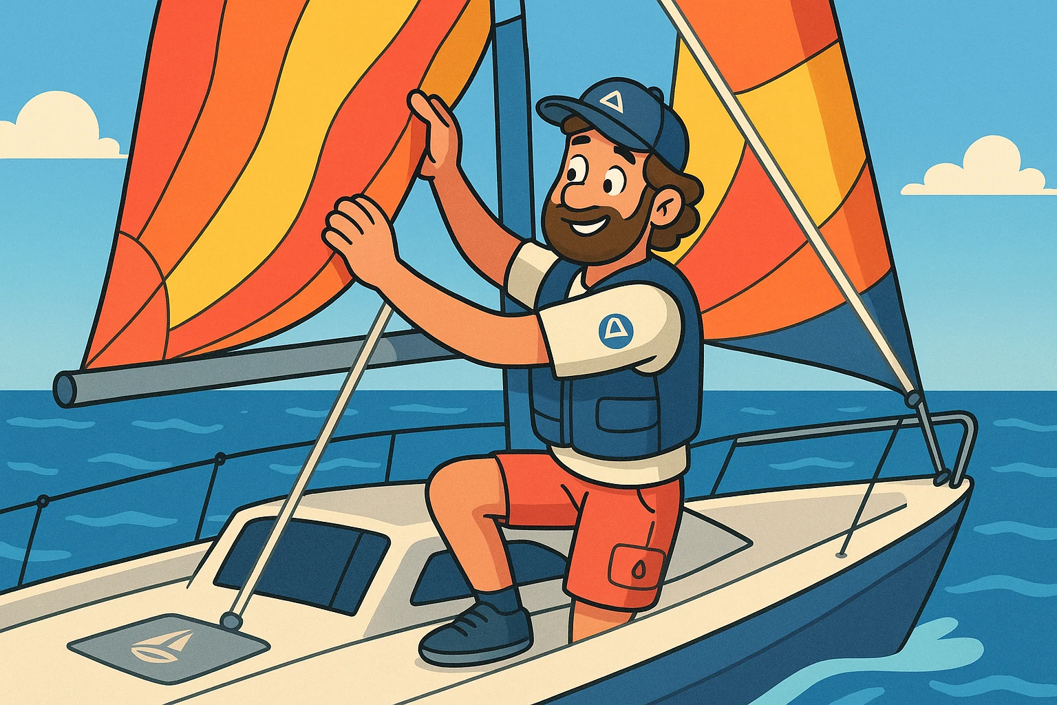 A sailor adjusting a brightly colored sail on a sleek yacht, with the Vela Sailing Supply and Atticus Goods logos subtly visible on different pieces of gear, set against a backdrop of a clear blue ocean.