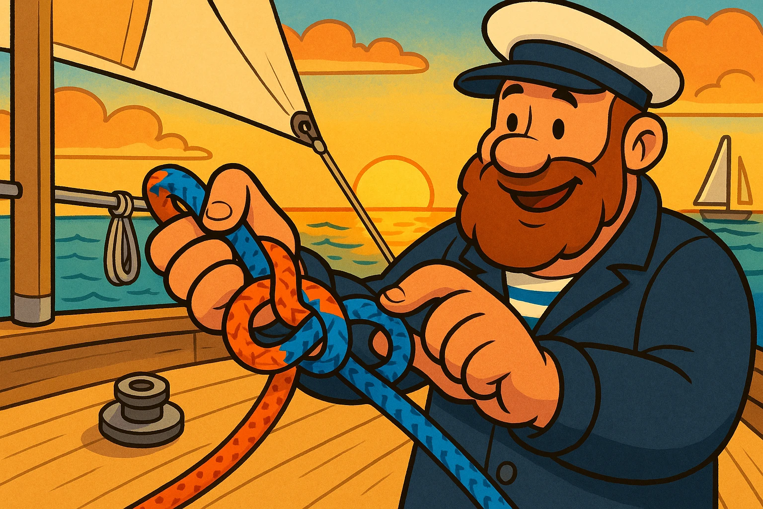A close-up of a sailor's hands intricately tying a knot with vibrant, durable ropes against the deck of a sailboat, showcasing Vela Sailing Supply equipment, with the sun setting over a calm sea in the background.