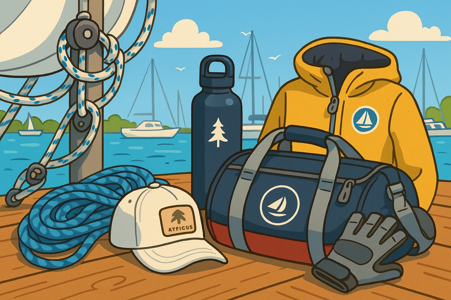 A close-up of sailboat rigging beside a neatly displayed array of high-end outdoor gear, featuring branded items from Vela Sailing Supply and Atticus Goods, set against the backdrop of a sunny marina.