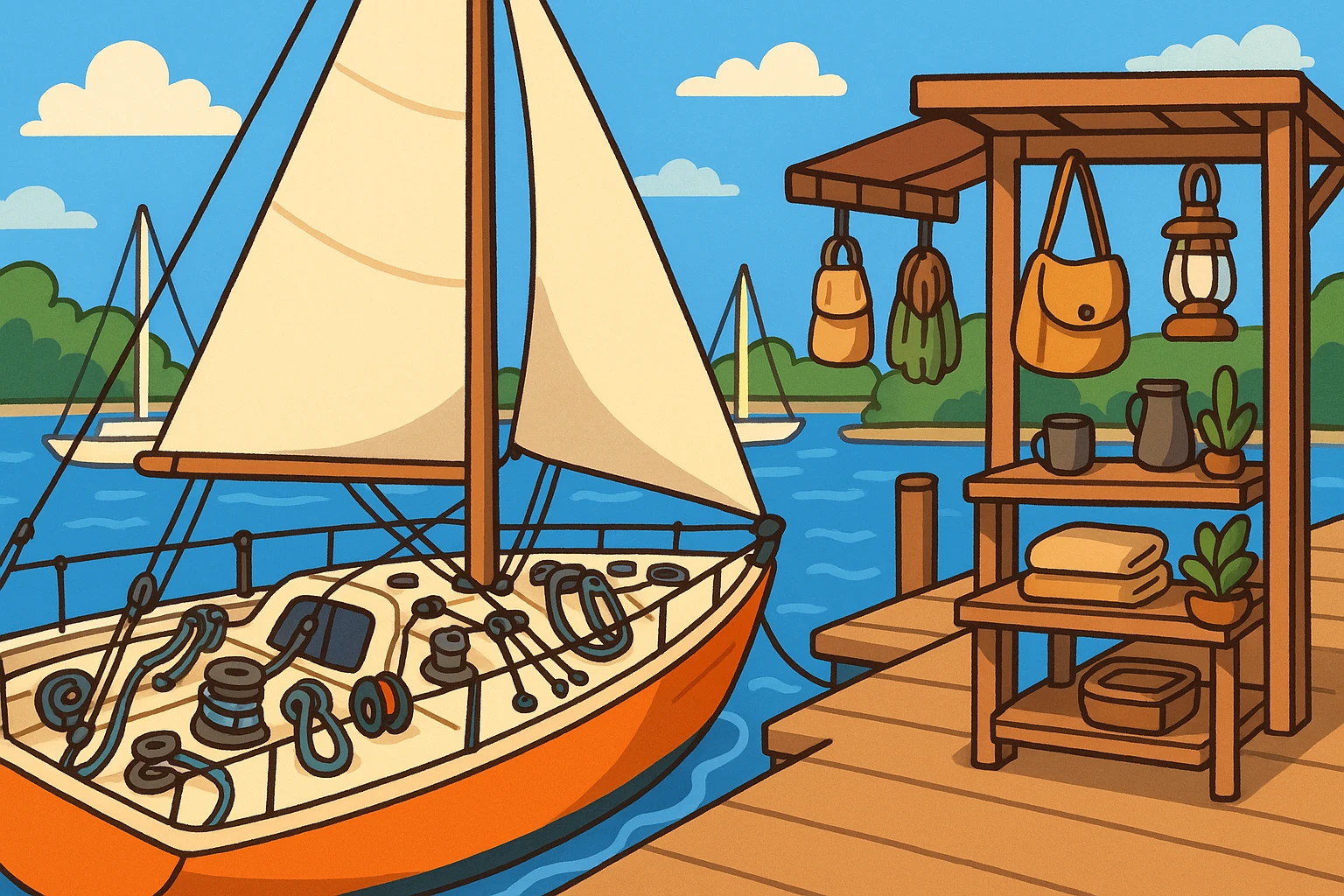 A vibrant nautical scene showing a sailboat docked in a marina, its deck laid out with an array of high-performance rigging gear and marine hardware from Vela Sailing Supply, while a nearby stand displays elegant, artisanal outdoor goods from Atticus Goods, all under a clear blue sky.