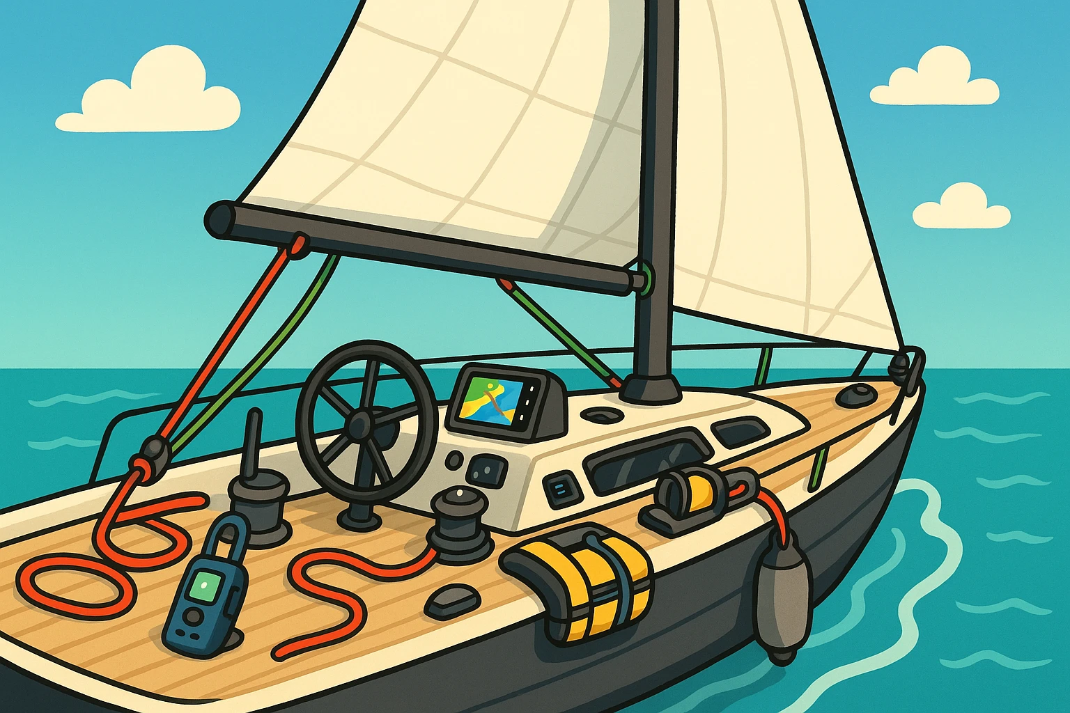 A sleek sailboat gliding over turquoise waters, its deck adorned with vibrant ropes, high-tech navigation instruments, and essential gear from various marine brands, set against a backdrop of a clear blue sky.