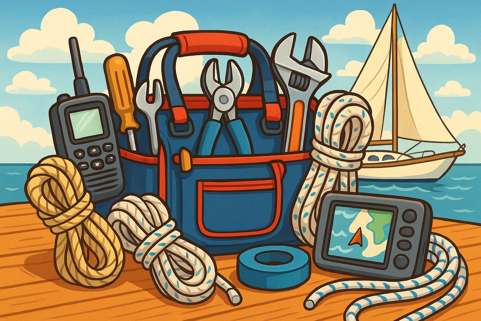 A detailed close-up of a well-stocked sailboat maintenance kit featuring an array of high-quality tools, ropes, and marine electronics from West Marine, displayed on a polished wooden dock with a sailboat anchored in the background under a partly cloudy sky.