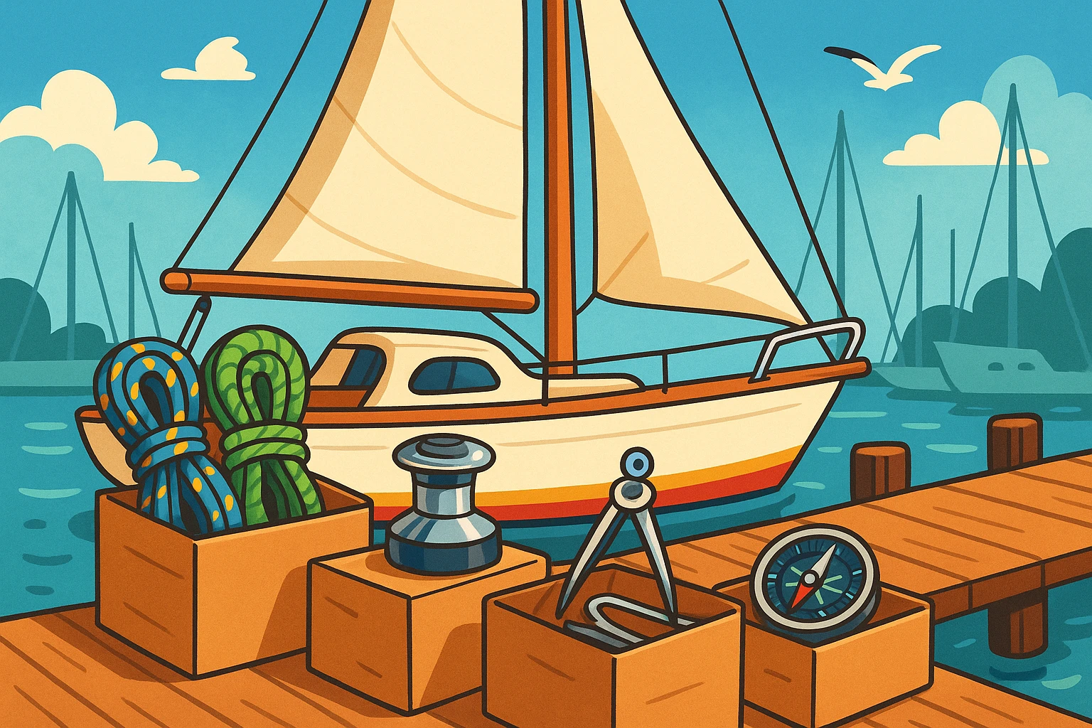A vibrant marina scene featuring a gleaming sailboat docked alongside a pier laden with Vela Sailing Supply boxes, showcasing their premium sailing ropes, polished winches, and sleek navigational tools under a bright blue sky.