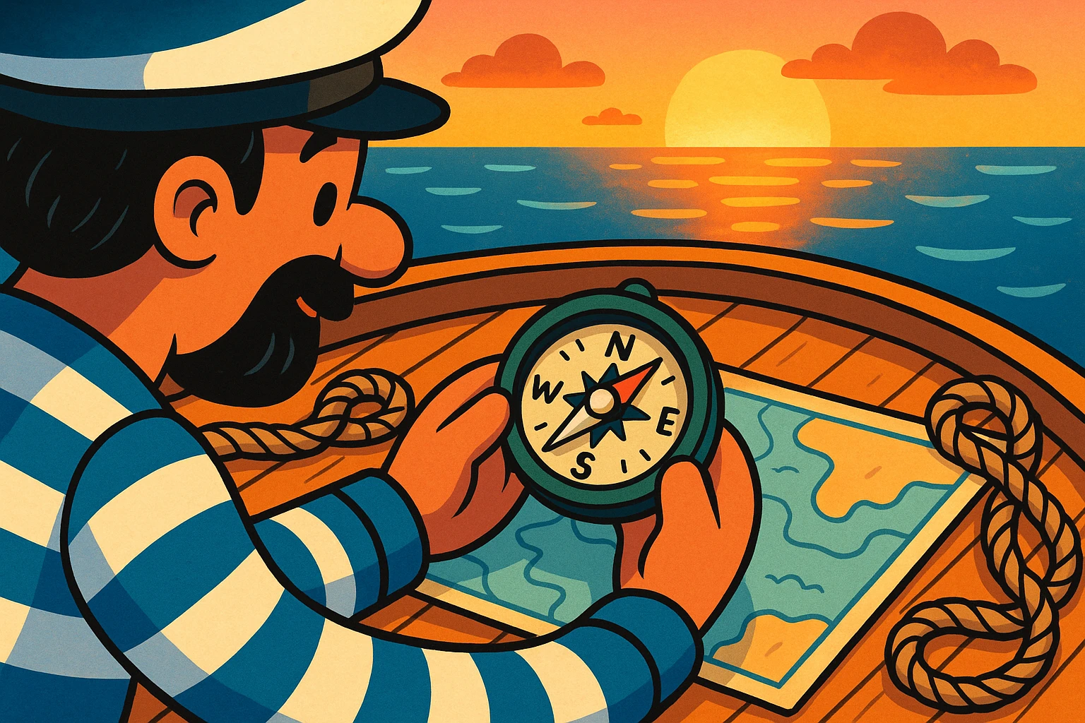 A close-up of a sailor's hands inspecting a Vela Sailing Supply branded compass on a boat deck, surrounded by nautical charts and coiled ropes, under the warm glow of sunset reflecting off the water.