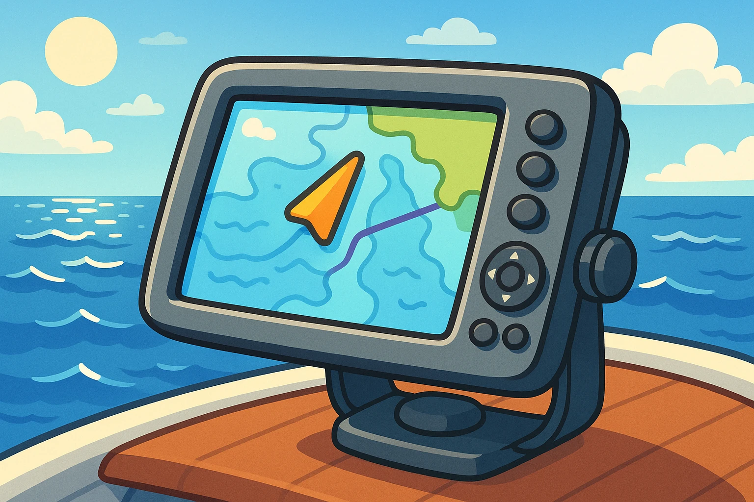 A close-up of a sleek marine GPS device mounted on a boat's dashboard, surrounded by a backdrop of open sea and clear blue skies, with sunlight reflecting off the water.