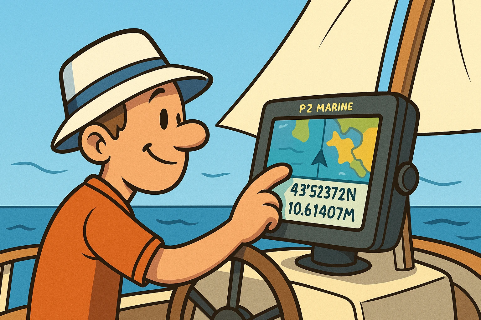 A boater's hand adjusting a P2 Marine GPS device mounted on the helm of a sailboat, with visible coordinates and a map displayed on its high-resolution touchscreen under a bright, cloudless sky.