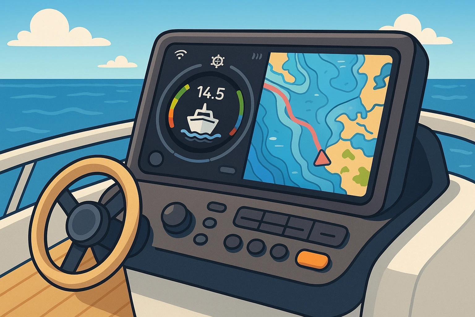 A sleek, modern marine dashboard on a boat, showcasing the P2 Marine interface with detailed navigation charts, set against the backdrop of a calm, open sea under a clear blue sky.