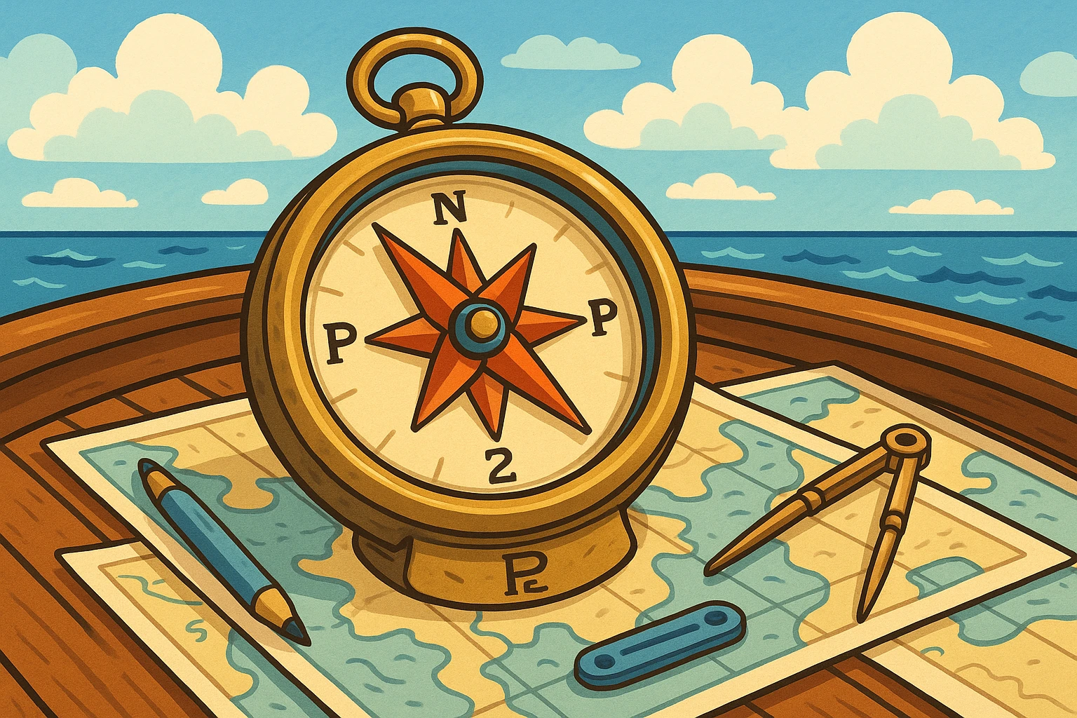 A close-up of a vintage compass set on a polished wooden boat deck with the P2 Marine logo subtly engraved on its frame, surrounded by nautical charts and tools under a partly cloudy sky.