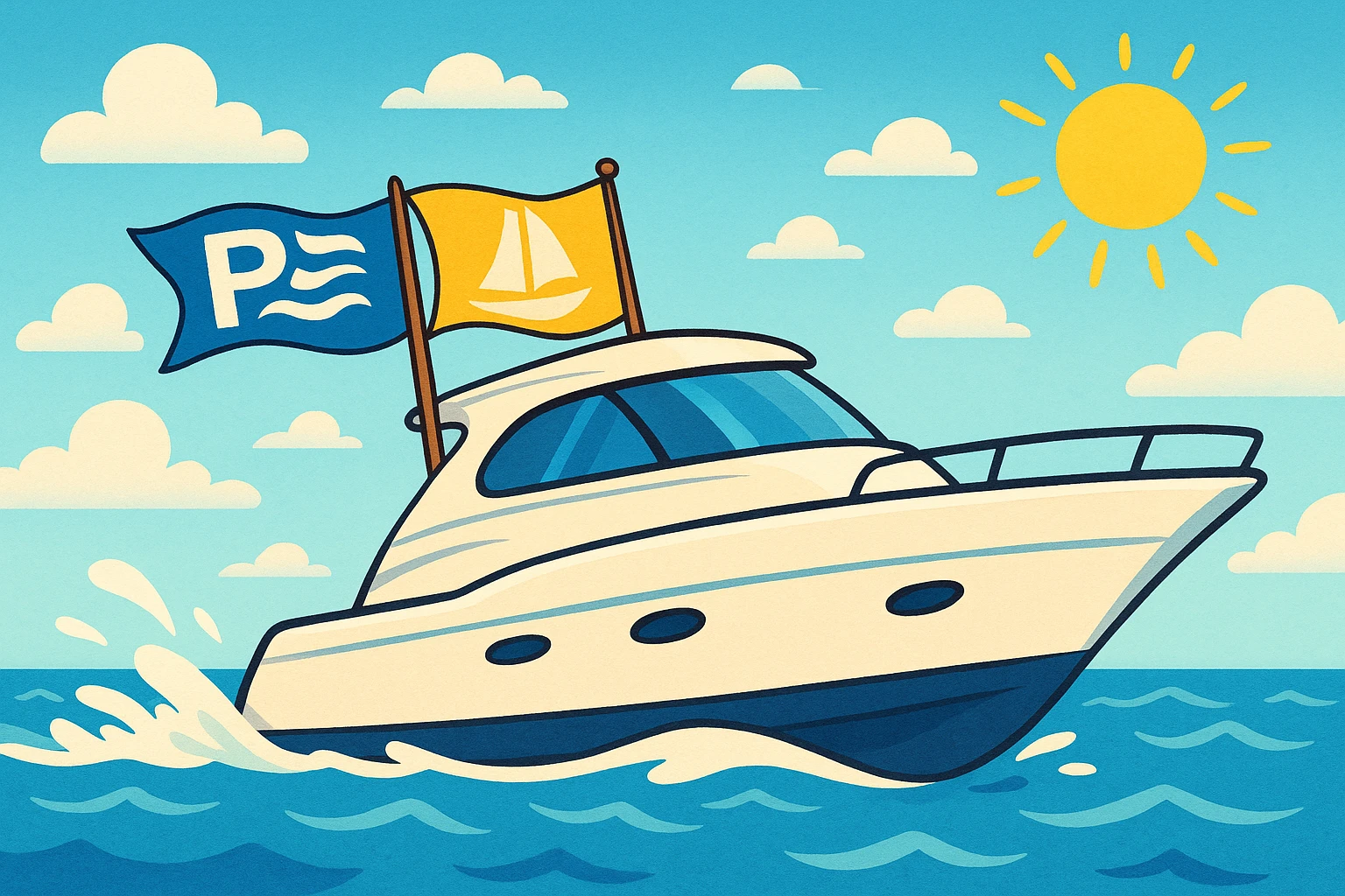 A sleek yacht gliding across a crystal blue ocean, with the logos of P2 Marine and Atticus Goods visible on fluttering flags at the stern, showcasing the brands in competition amidst a sunny maritime setting.