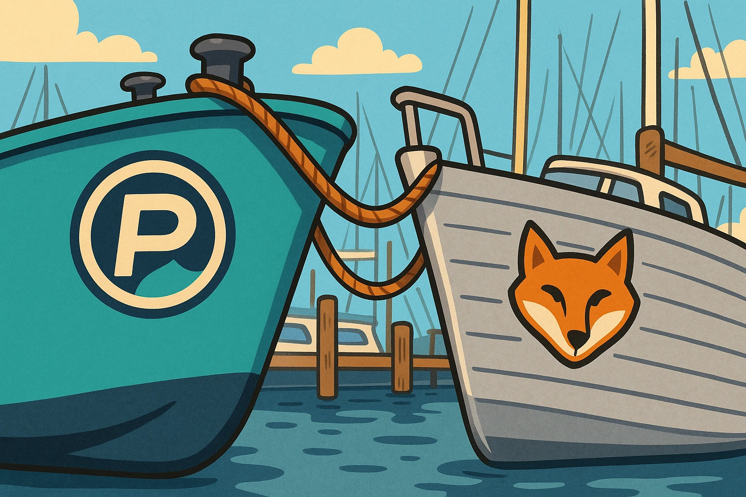 A close-up of a ship's hull made from advanced composites with a P2 Marine logo, docked beside a vessel featuring high-grade aluminum construction with the Atticus Goods logo, both moored at a bustling marina under a clear sky.