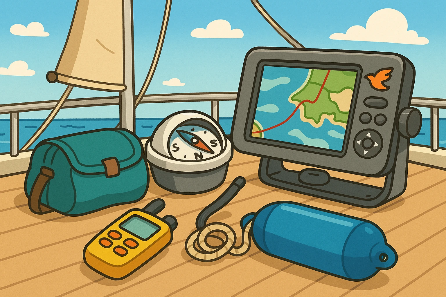 P2 Marine equipment displayed on the deck of a sailboat under a clear blue sky, with the Atticus Goods logo visible on a high-quality marine GPS unit mounted alongside.