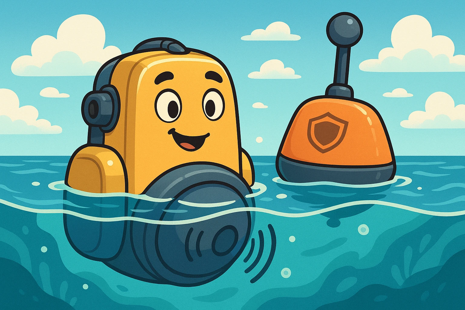 A close-up of P2 Marine’s advanced sonar equipment partially submerged in crystal-clear seawater, with the Atticus Goods logo subtly embossed on a sleek, floating navigation buoy nearby.