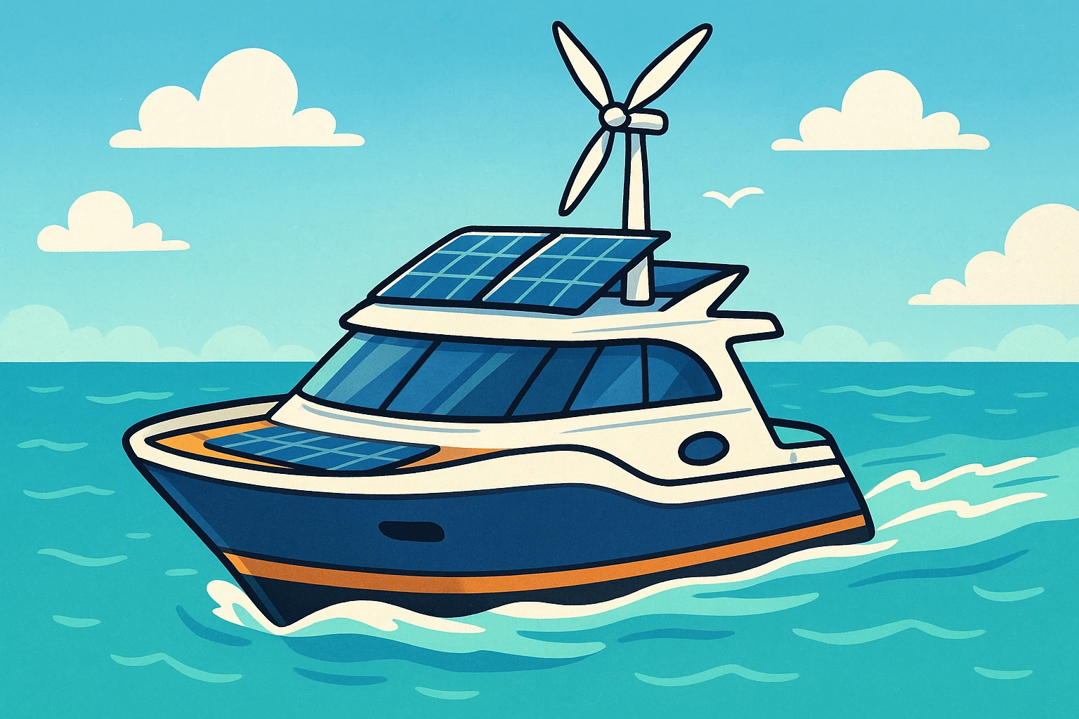 A sleek, modern marine vessel navigating through clear blue waters, showcasing advanced solar panels and wind turbines integrated into its design, with the ocean horizon in the background.