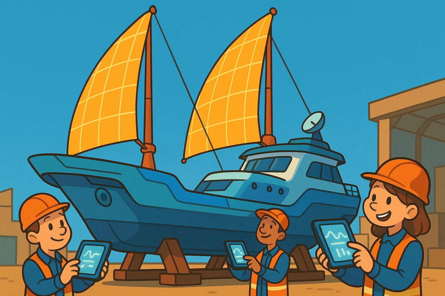 A futuristic marine vessel in a shipyard featuring solar sails extended against a cloudless sky, surrounded by technicians examining the energy output on handheld devices.