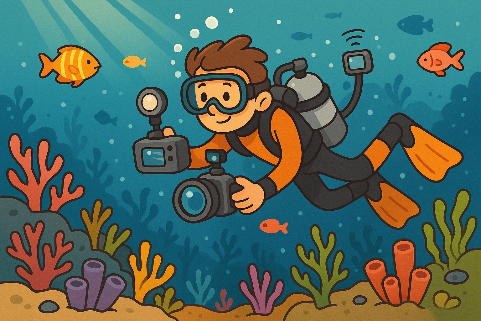 A diver equipped with advanced underwater cameras and sensors explores a vibrant coral reef, capturing data as colorful fish swim through the intricate marine ecosystem illuminated by beams of sunlight piercing the water.