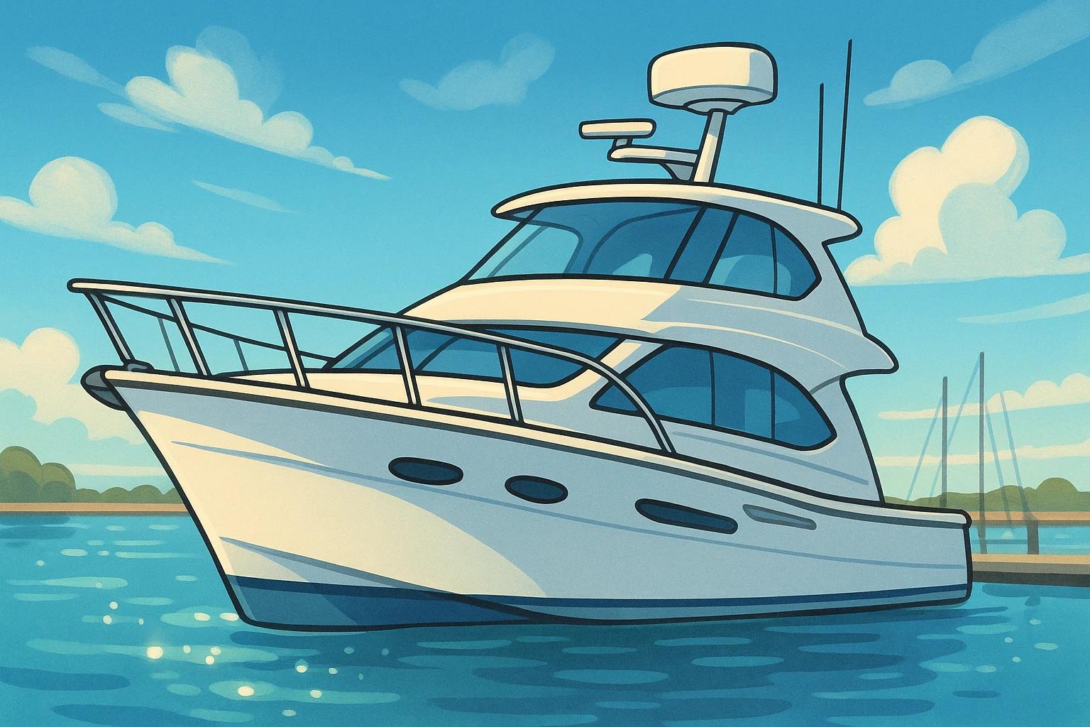 A pristine yacht anchored in a serene marina, equipped with high-tech marine electronics from Hodges, including an advanced GPS system and radar dome prominently displayed on the bridge, set against a backdrop of a clear blue sky and sparkling water.