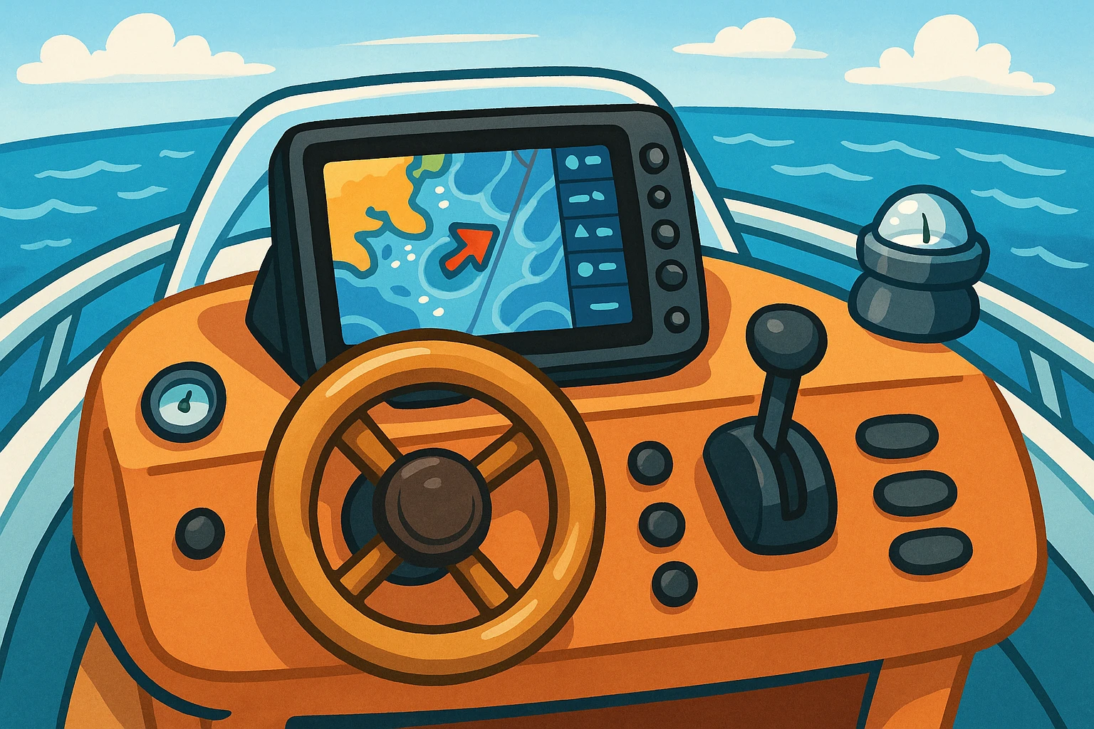 A close-up of a helm station on a speedboat, featuring a sleek Garmin GPSMAP device with a high-resolution touchscreen interface, surrounded by various navigation controls and a compass, with the open sea visible in the background.