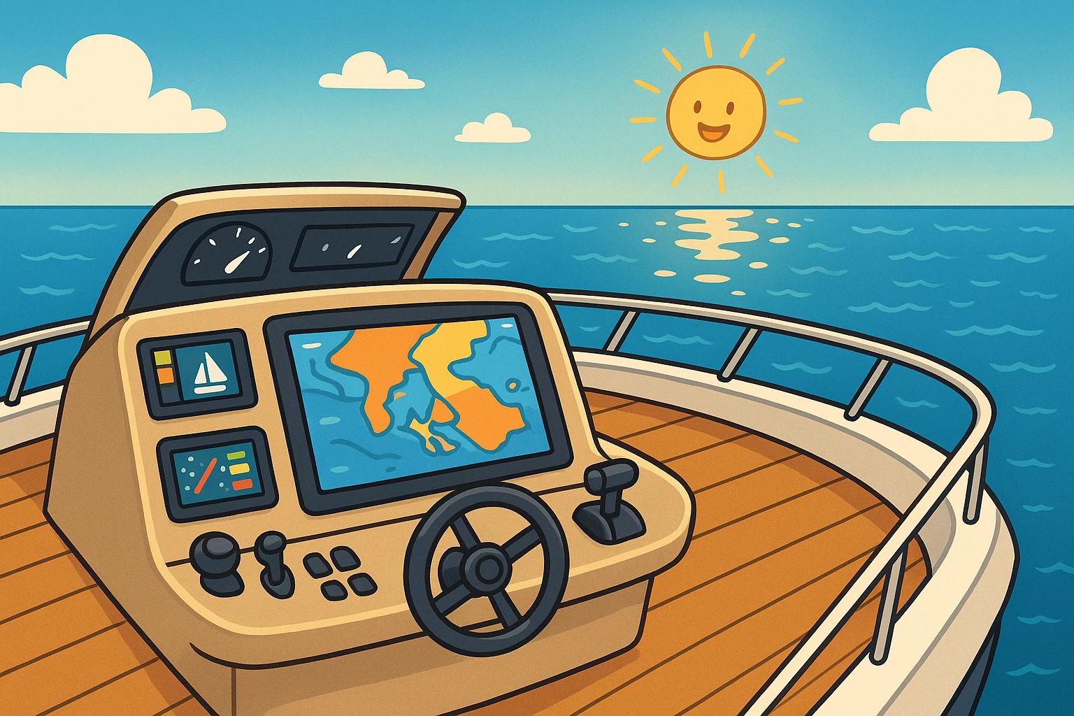 A view of a sleek yacht deck overlooking the ocean, equipped with advanced marine electronics including dash-mounted displays and a modern chartplotter, with the sunlight reflecting off the water.