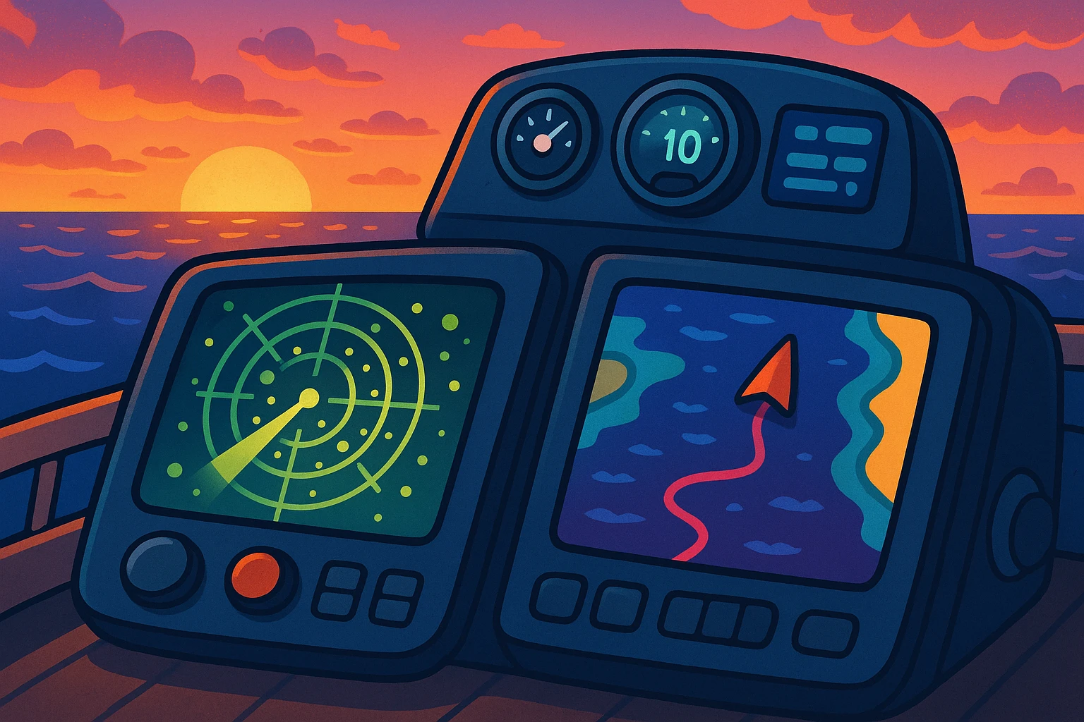 A close-up of a marine electronics control panel on a boat, featuring illuminated radar screens and navigation instruments with a backdrop of a vibrant sunset over the ocean, highlighting the advanced technology in a natural setting.