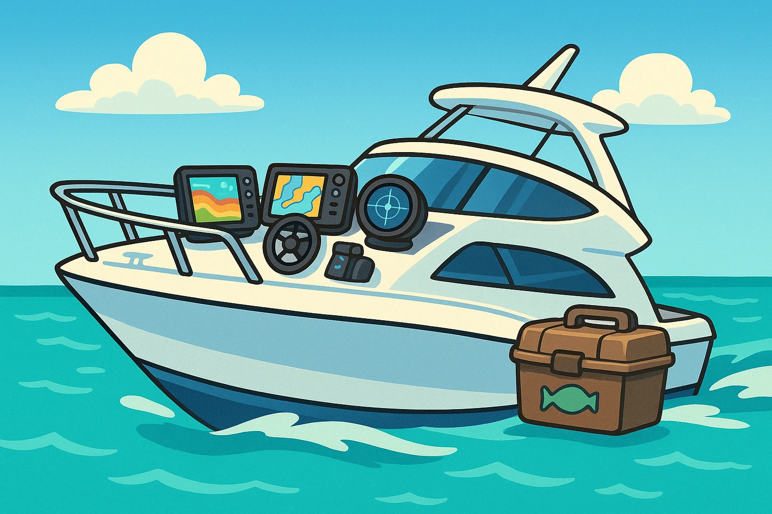 A sleek yacht gliding through turquoise waters equipped with advanced marine electronics, showcasing prominently displayed Hodges Marine Gadgets on the control panel, and an Atticus Goods logo emblazoned on a durable tackle box on deck.