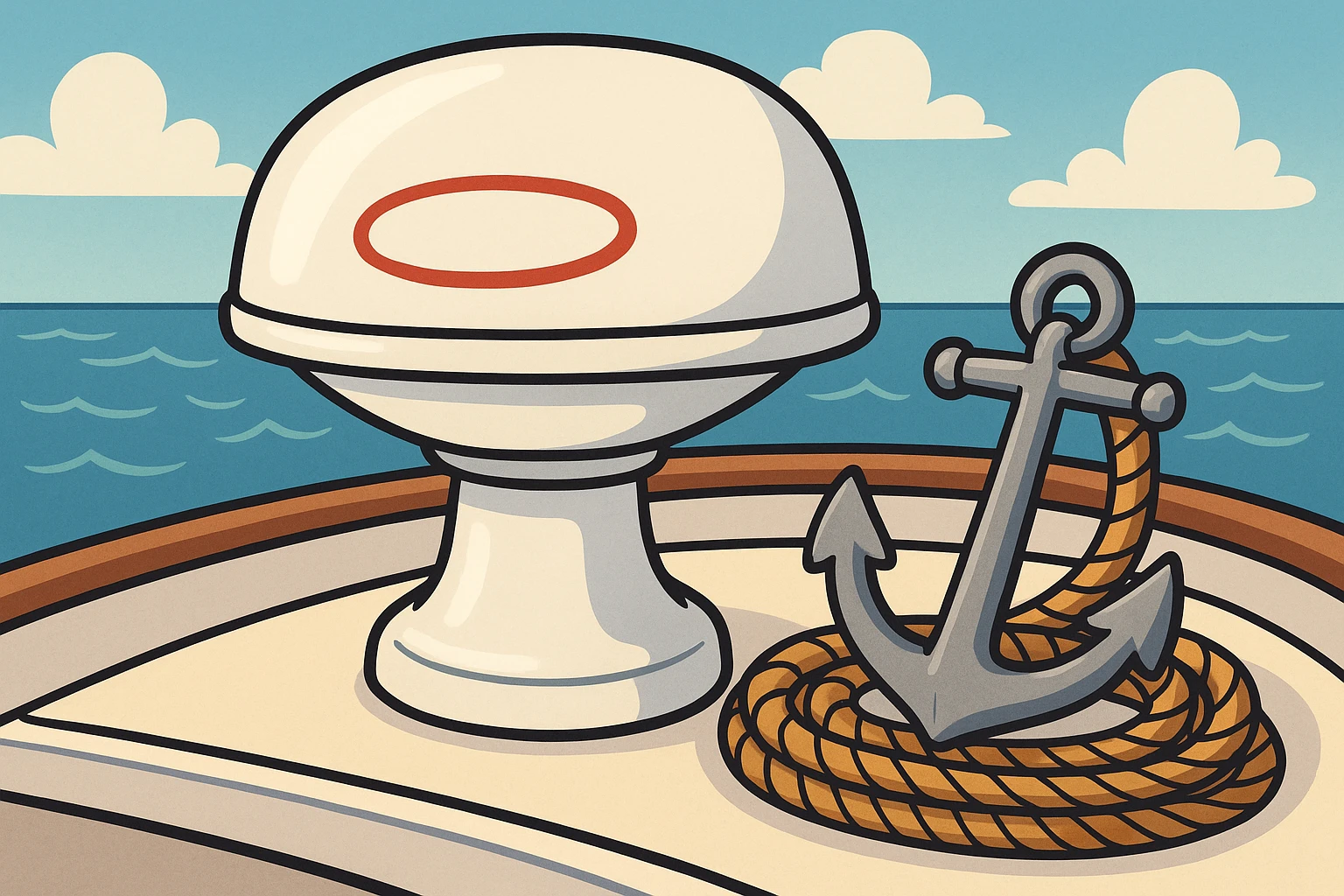 A close-up shot of a sleek marine radar system mounted on a boat deck, with the Hodges Marine Electronics logo clearly visible on the radar dome, while an Atticus Goods anchor and rope set is neatly coiled beside it against a backdrop of the open sea.
