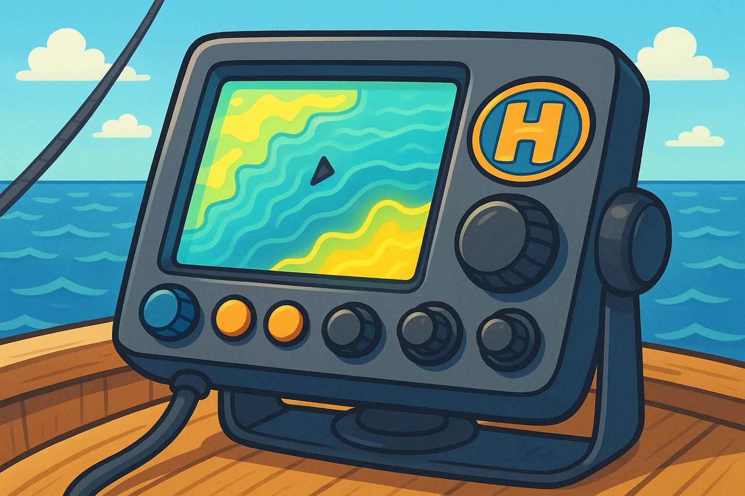 A detailed shot of a high-tech marine navigation unit onboard a fishing vessel, showcasing intricate control dials and a glowing display screen, with the bright logo of Hodges Marine Electronics prominently displayed, against the backdrop of a calm sea under a clear blue sky.