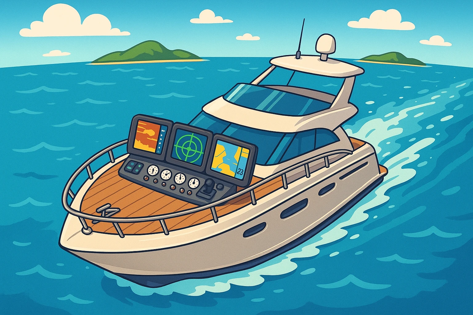 Aerial view of a sleek yacht gliding through azure waters with an array of high-tech marine electronics visible on the dashboard, surrounded by clear skies and distant islands.