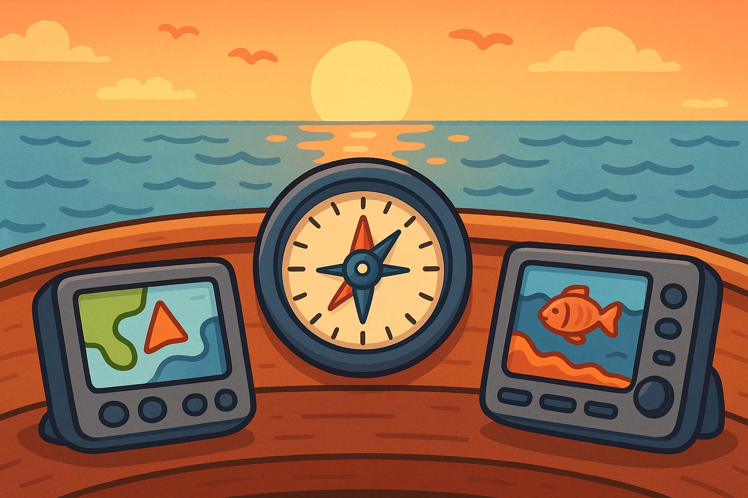 A close-up shot of a marine navigation system on a boat's dashboard, featuring a prominent compass, GPS display, and sonar equipment, set against the backdrop of a calm sea at sunset with gentle waves.