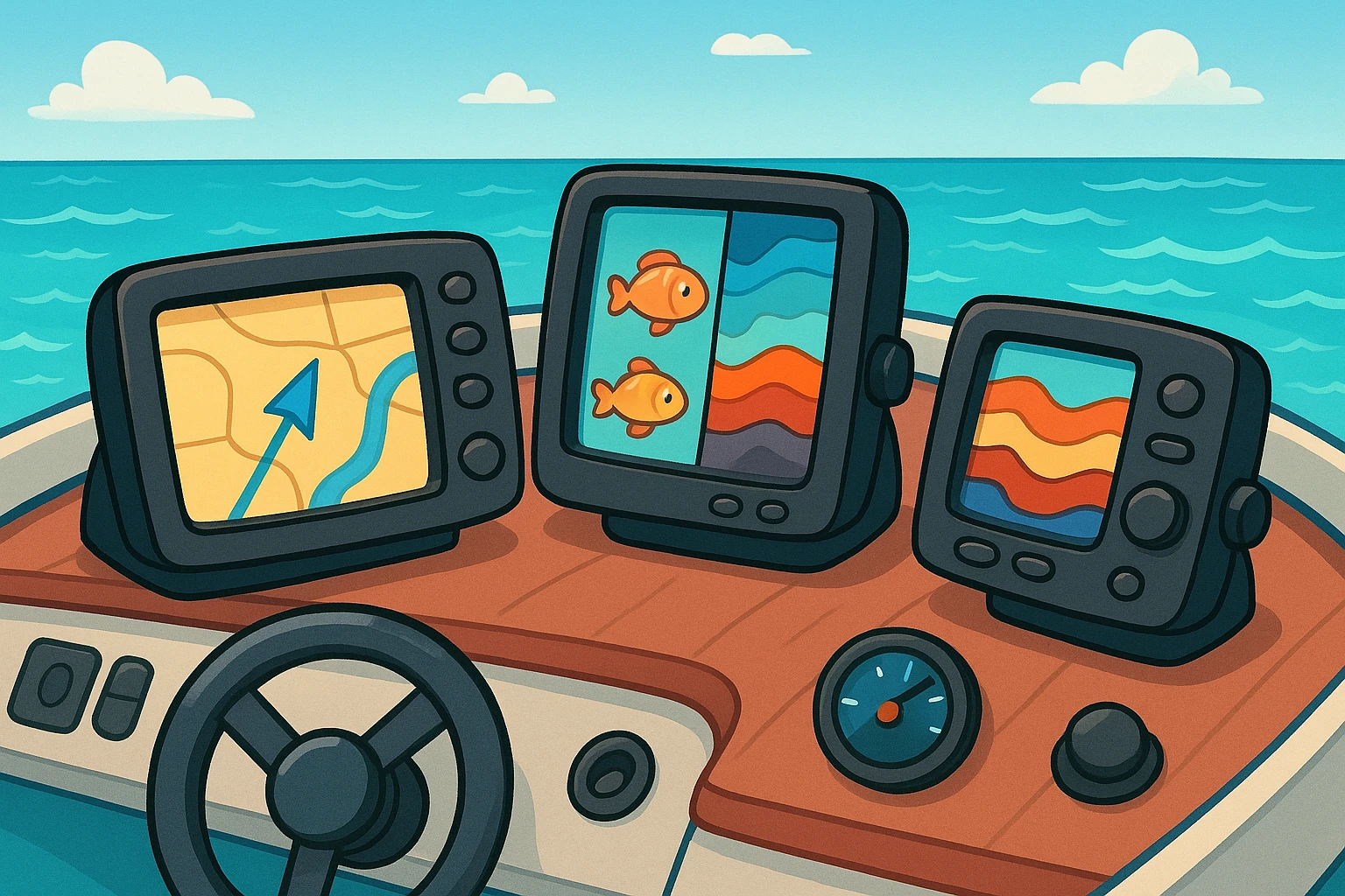 A close-up of various marine electronic devices, including a GPS system and fishfinder, mounted on the dashboard of a sleek, modern boat navigating through crystal-clear waters.