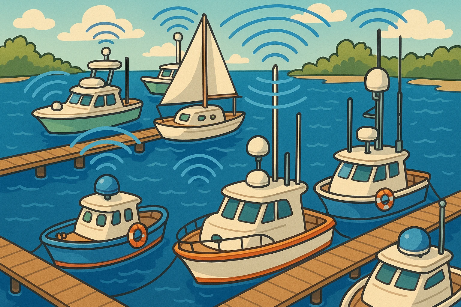 A bird's-eye view of a marina showing various boats equipped with visible radar domes and antennas, capturing the network of electronic signals enhancing navigation.