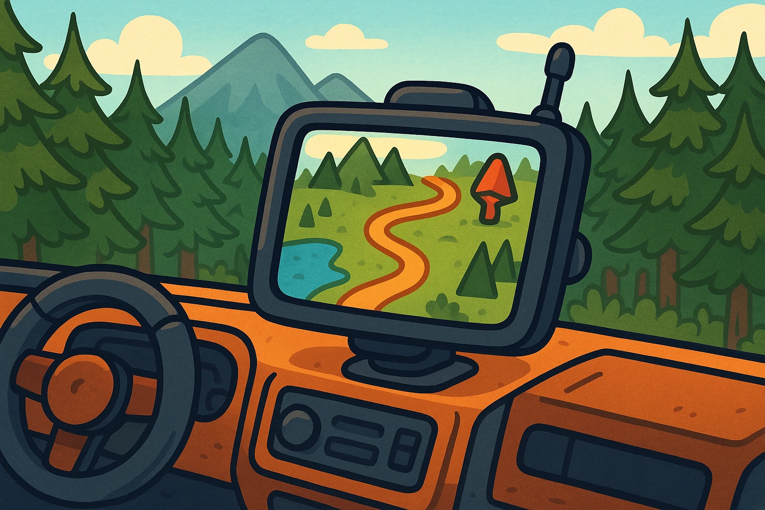 A sleek GPS device mounted on a dashboard of a rugged off-road vehicle, with a trail map displayed on the screen, set against the backdrop of a dense forest and mountain range.
