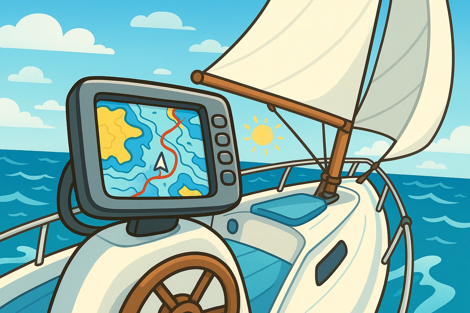 A GPS device attached to a sleek, white sailboat's console, displaying a high-detail nautical chart, as the boat glides through clear blue ocean waters under a sunny sky.
