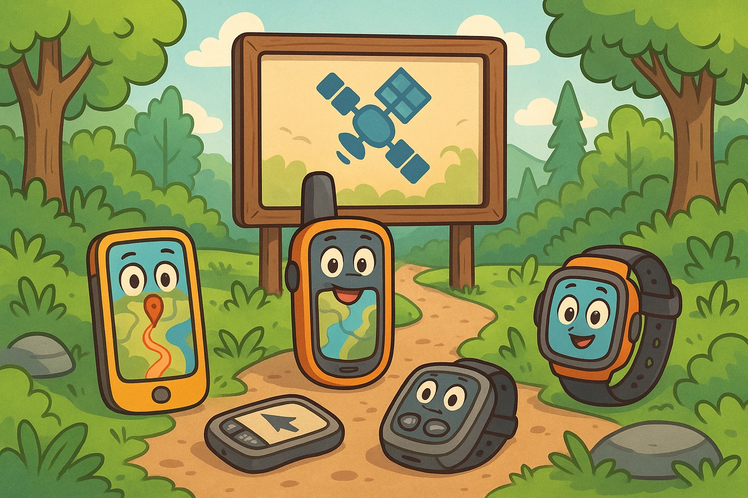 A display of various GPS devices on outdoor hiking trails, surrounded by lush greenery and featuring a prominent sign with 