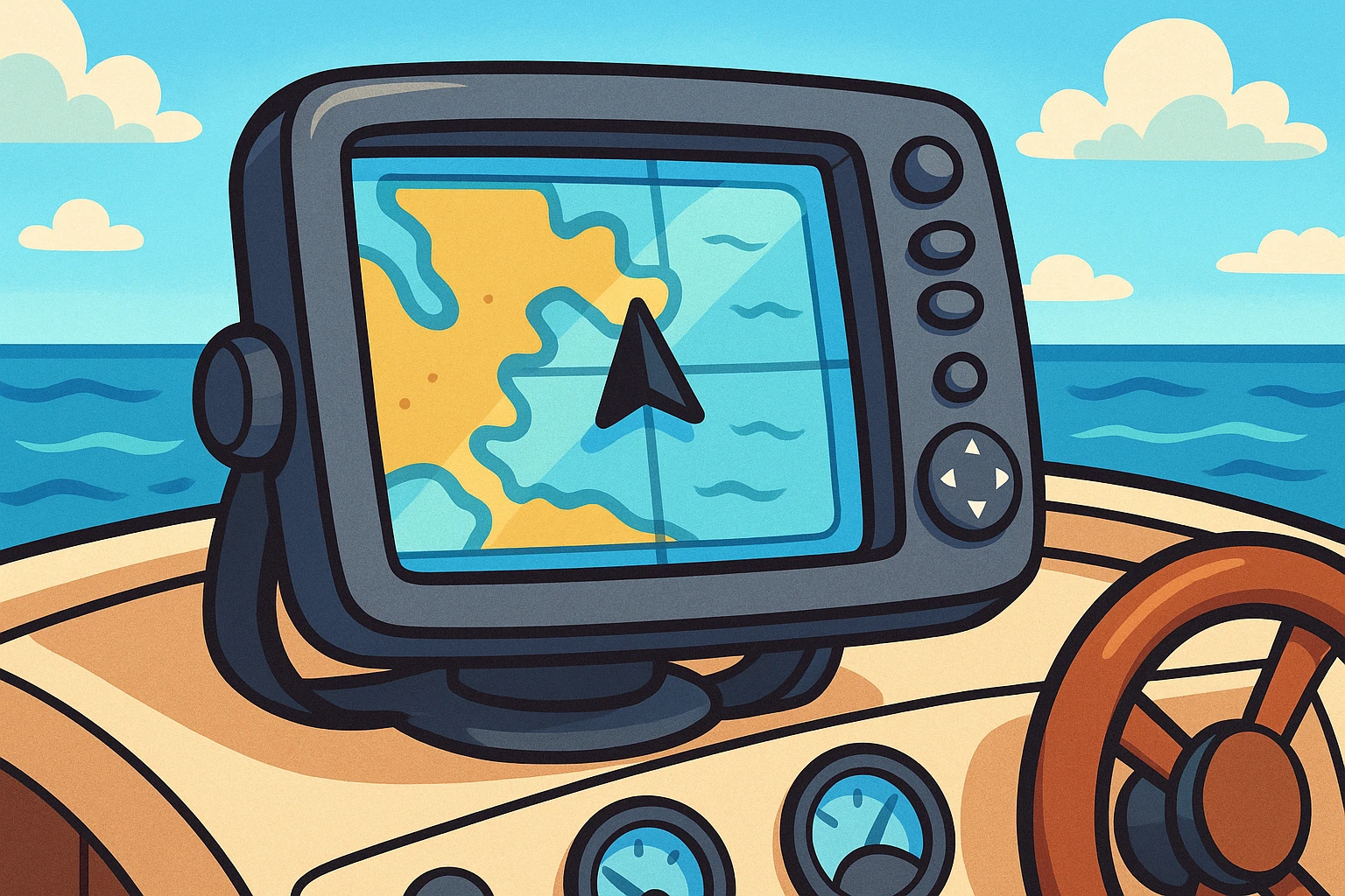 A close-up of a marine navigational GPS device mounted on a yacht's dashboard, with a clear view of the ocean horizon in the background, highlighting the functionality of The GPS Store, Inc.'s specialized products for boating enthusiasts.