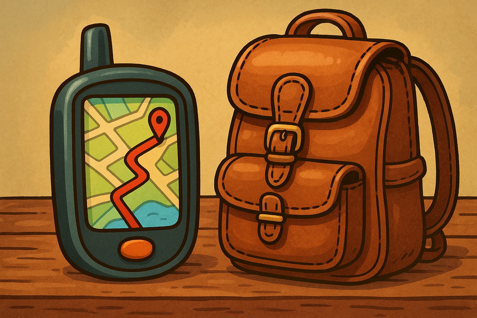 A detailed close-up of two products placed on a rustic wooden table: a high-tech GPS device with a vivid screen displaying a map, next to a luxury leather backpack from Atticus Goods, highlighting their contrasting features and design.